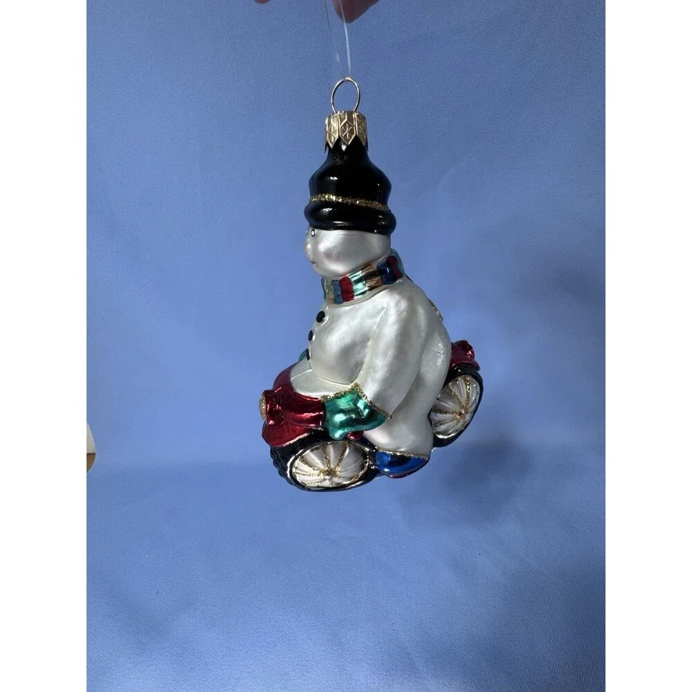 Dillard's Trimmings Snowman on a Motorcycle 1999 Glass Blown Christmas Ornament